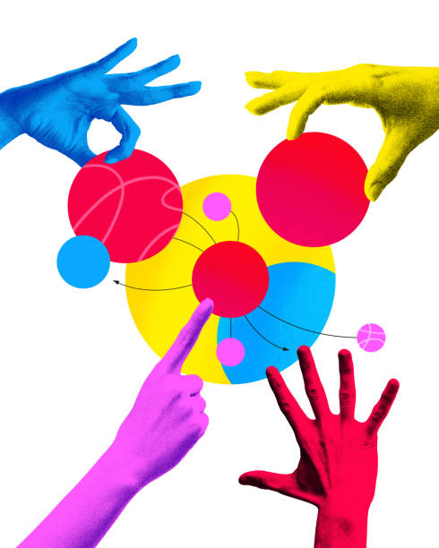 istock Conceptual art design. Colorful hands reach towards central network of interconnected circles, symbolizing dynamic flow of shared information. 2196365073