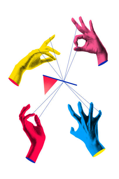 istock Contemporary art collage. Colorful hands weave lines around central point, connected by abstract thread, illustrating precise coordination and collaborative creation. 2196365082