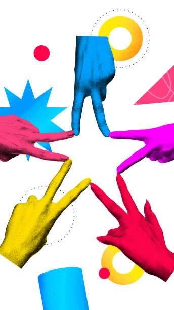 istock Contemporary art collage. vibrantly colored hands creating star shape, surrounded by abstract shapes, suggesting focused collaboration and success. 2196365084