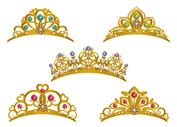 Vecvtor Illustration with a Set of Beautiful Golden Tiaras and Crowns Isolated on White Background