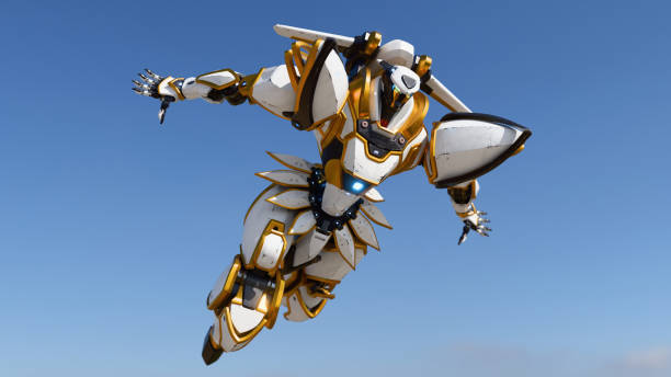 istock 3d render sci-fi mech samurai warrior with scratched armor metal in flying pose. 2196375787