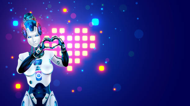 istock AI robot woman shows heart gesture with his hands. Pixel heart on background. Banner for Valentine's day in style of AI, digital technology. Neural networks, artificial intelligence with heart 2196379248