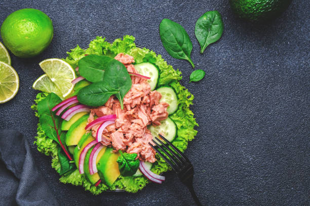 istock Tuna and avocado salad with lettuce. Black background, top view 2196380816