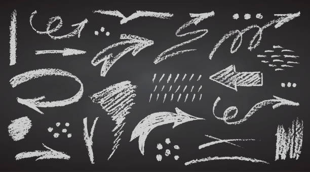 stockillustraties, clipart, cartoons en iconen met charcoal pencil hand drawing curly arrows. white elements on chalkboard grunge chalk crayon doodles textures swishes swashes swoops swooshes, scribbles and squiggles crayon strokes vector illustration - krijttekening