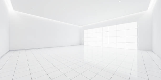 istock 3d rendering of white empty room with tile floor suit for background. 2196383787