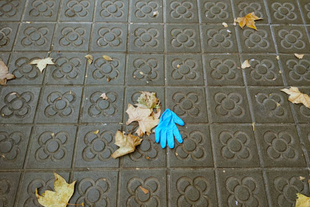 A single blue glove rests on a decorative patterned sidewalk, surrounded by scattered autumn leaves. the contrast of the glove against the earthy tones of the tiles and foliage creates a striking visual of isolation and change.