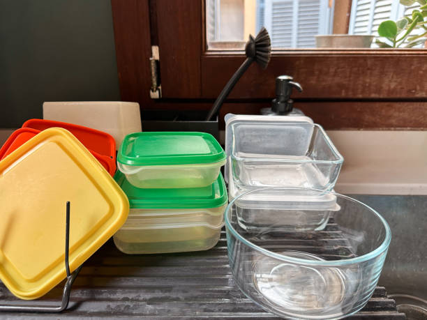 istock Plastic and glass containers food storage in the kitchen drainer 2196387332