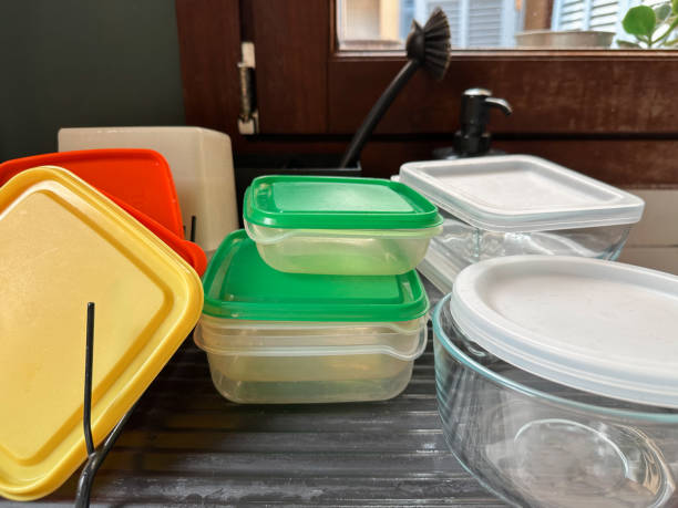 istock Plastic and glass containers food storage in the kitchen drainer 2196387359