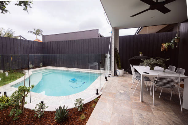 istock Modern Backyard with Stylish Pool and Outdoor Seating Area 2196387525