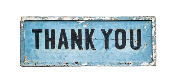 A thank you inscription on an aged blue plate on a white isolated background and flat composition