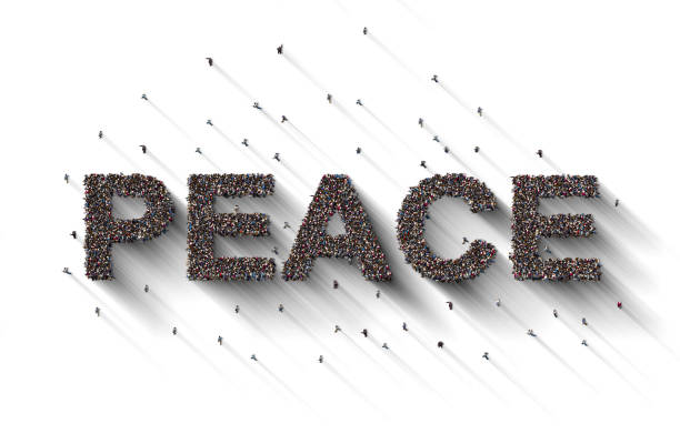 istock Large Crowd of People Forming PEACE Text on White Background 2196391420