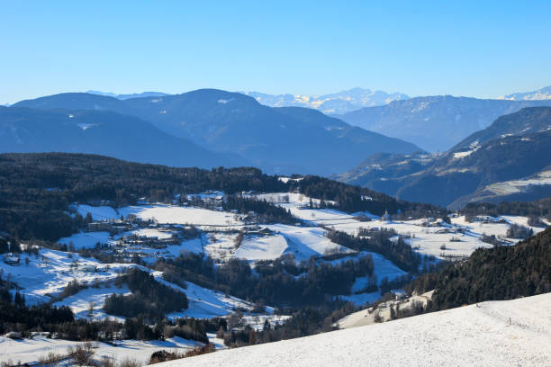 Drone view of Dolomites, Alpe di Siusi with snow