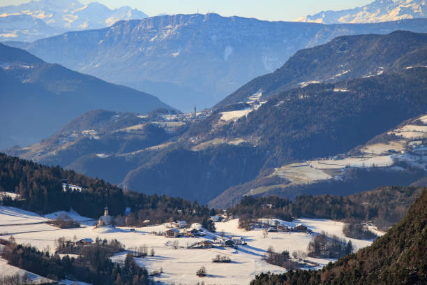 Drone view of Dolomites, Alpe di Siusi with snow