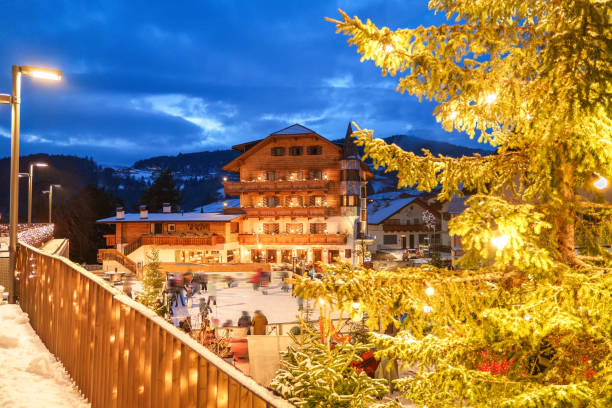 Dolomites, Alpe di Siusi with snow at night twilight in Christmas season