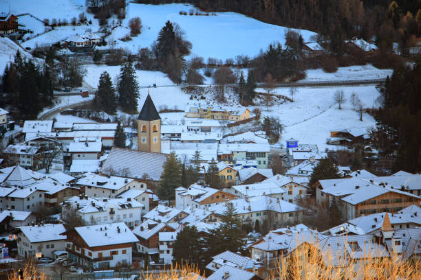 Drone view of Dolomites, Alpe di Siusi with snow