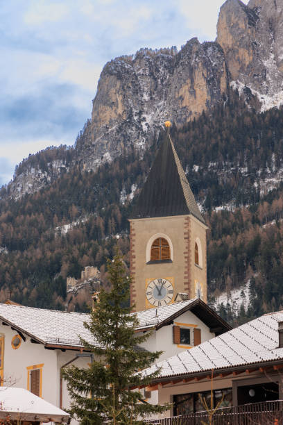 Church in Dolomites, Alpe di Siusi with snow, Siusi Alps