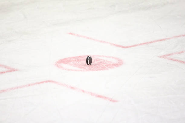 istock Black rubber puck standing vertical on a ice hockey rink face off circle middle. 2196395139