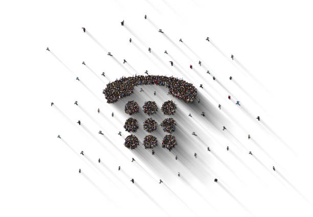 Large Crowd of People Forming Phone Symbol on White Background