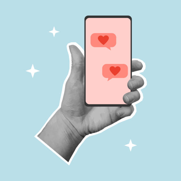 istock Valentine's day greeting card with cut out hand holding smartphone with love messages. 2196396582