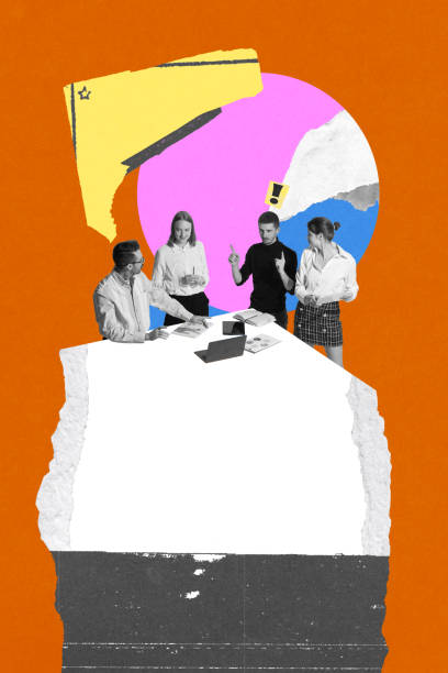 istock Diverse group of colleagues brainstorming ideas at meeting table, exchanging thoughts and strategies for project. Conceptual art collage. 2196397810