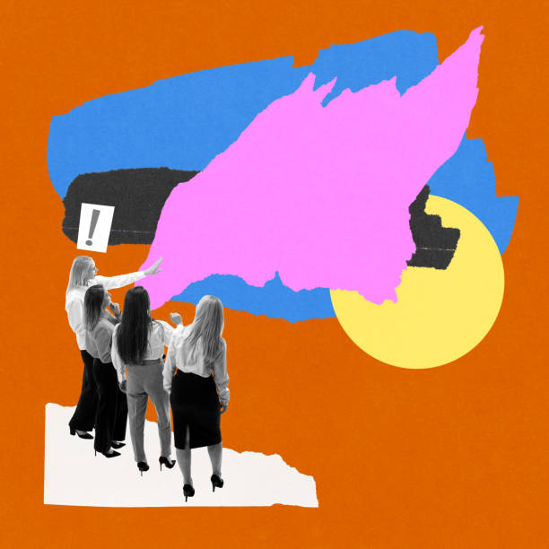 istock Four businesswomen presenting and discussing ideas, pointing at vibrant abstract shapes, symbolizing creative teamwork and vision. Conceptual art collage. 2196397821