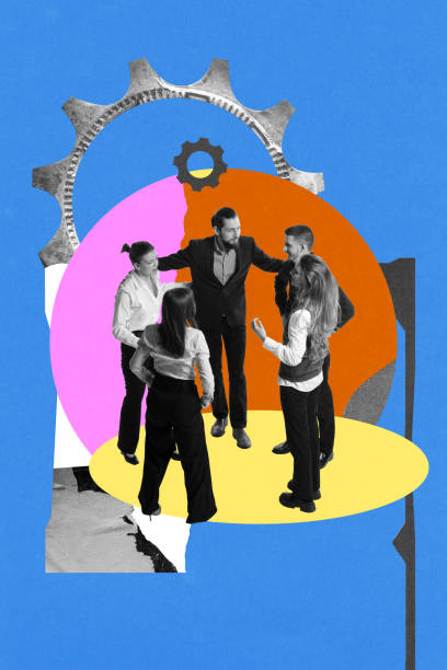 istock Group of professionals discussing workflow strategies with symbolic gears representing teambuilding and process optimization. Vibrant conceptual design. 2196397826