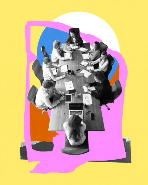 istock Diverse team sit around table discussing business strategies, developing ideas and corporate issues. Conceptual art collage. 2196397827