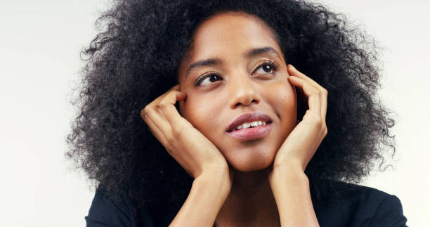 istock Future, thinking and vision with woman in studio isolated on white background for daydreaming or wonder. Idea, inspiration and fantasy with happy African person contemplating ideas or opportunity 2196400763