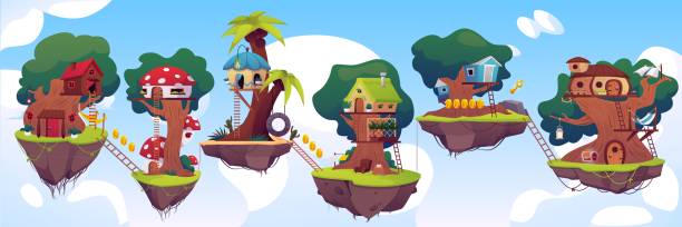 istock Game level platforms, islands with huts on the tree trunk and awards floating in the sky, vector flat fairy tale village 2196405898