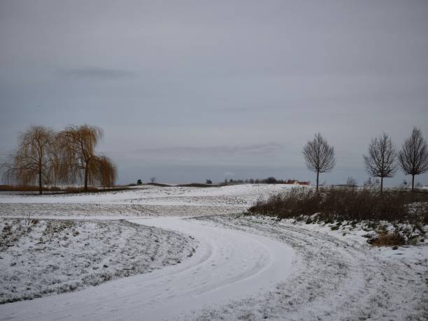 istock Snowy path meandering through winter landscape, bare trees, distant hills, cloudy sky in prague countryside's serene rural setting Golf Vinor 2196408613