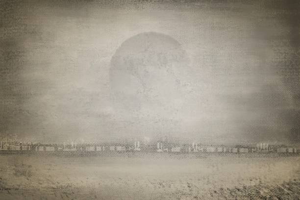Horizontal background with a solar disk over the city, on the seashore, made in monochrome technique