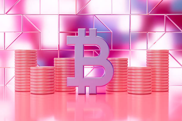 istock Bitcoin Symbol and Coins with Transparent Glass Panel in Front of Neon Lights 2196417577