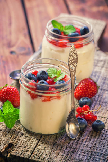 Homemade vanilla parfait with berry fruit and mint