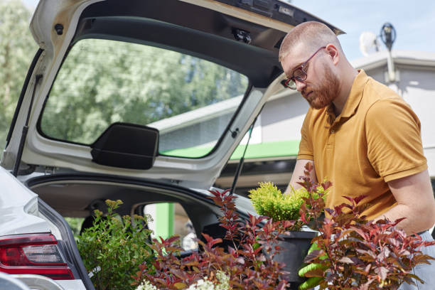 istock Man Loading Shrubs into Car Trunk Transporting Bushes from Plant Nursery to Home Garden 2196422197