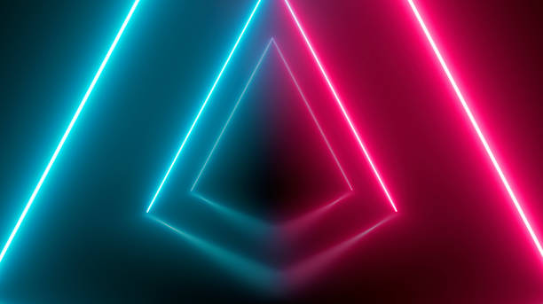 istock Neon lights spinning in triangle tunnel on black background 2196427355