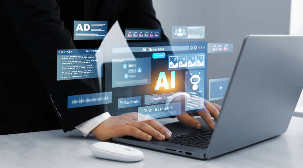 istock Person using laptop with Ai Content Generator. Interaction with the Ai assistant to solve some tasks more easily. Image generator, documents, marketing and advertising, bot writing and coding 2196430618