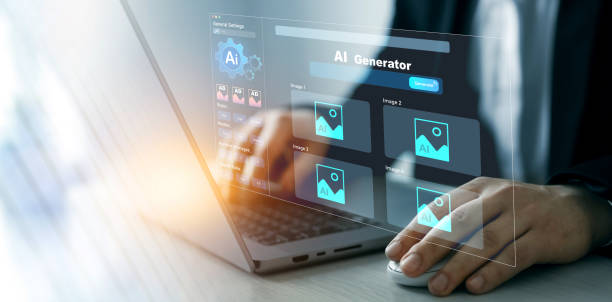 istock Person using laptop with Ai Content Generator. Interaction with the Ai assistant to solve some tasks more easily. Image generator, documents, marketing and advertising, bot writing and coding 2196430620