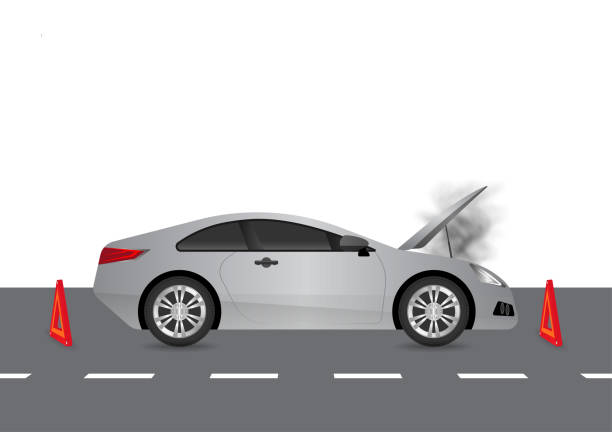 istock Car Breakdown with Open Hood and Smoke on the Road. Broken Car. 2196431162