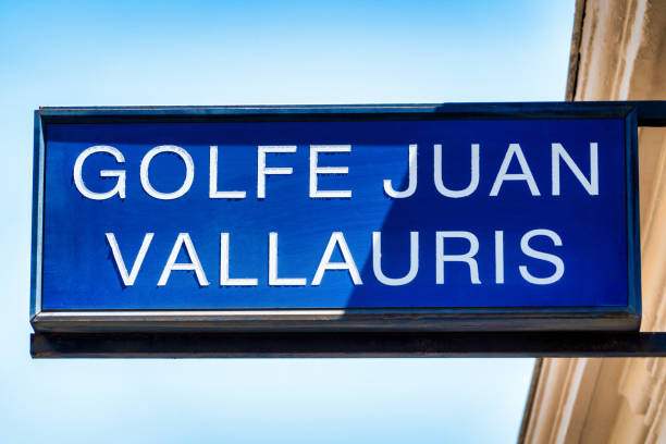 istock Golfe Juan Vallauris train station sign, blue paint 2196431772