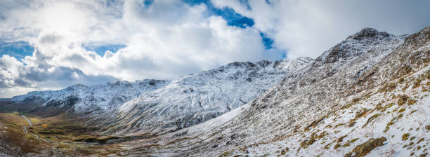 Panoramic view across Mickleden to the Langdale Valley overlooked by snowy mountain peaks in the heart of the Lake District National Park, Cumbria, UK.