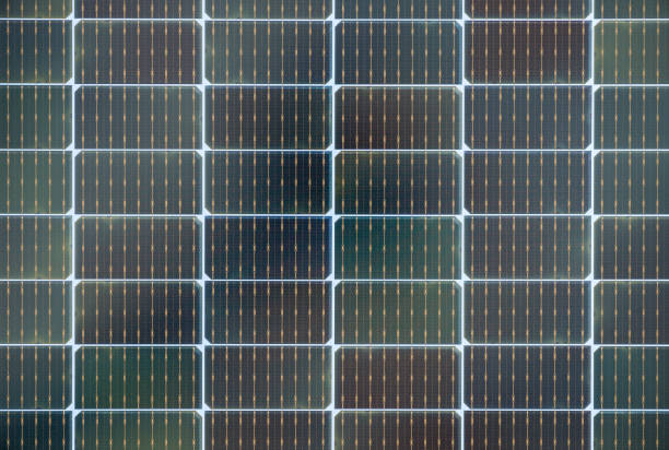 Close up of small photovoltaic solar panels on the assembly line