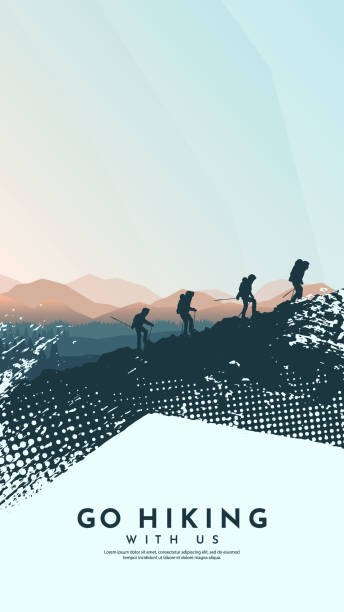 istock Vector illustration. Travel concept of exploring and observing nature. Hiking and adventure tourism background with brush stroke overlay and halftone dots, capturing the spirit of outdoor discovery 2196441956