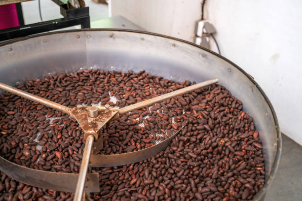 istock Bali, Indonesia: A close-up view of a roasting machine filled with cacao beans 2196444494
