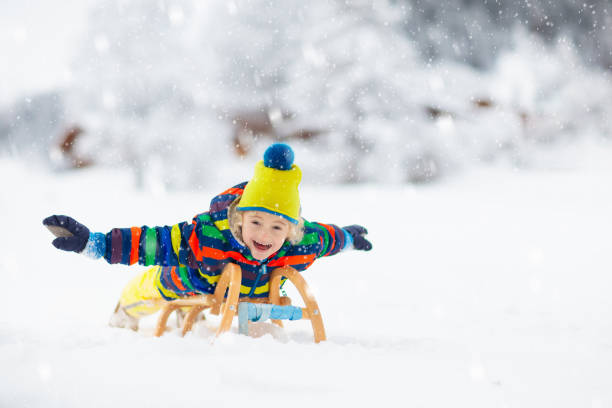 istock Boy on sled ride. Child sledding. Kid on sledge 2196446810