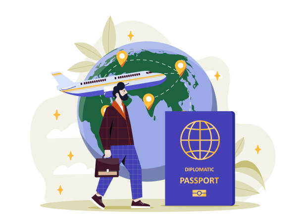 istock Diplomatic immunity passport. Man near blue foreign passport near globe. Document for international travel and tourism. Ambassador and politician. Flat vector illustration 2196446964
