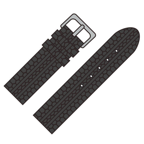 Black textured watch strap with silver buckle Black textured watch strap with silver buckle. Flat design digital illustration. Fashion accessory and wristwatch concept for design and print perforated leather texture stock illustrations