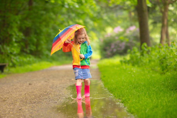 istock Child playing in the rain with umbrella 2196453904
