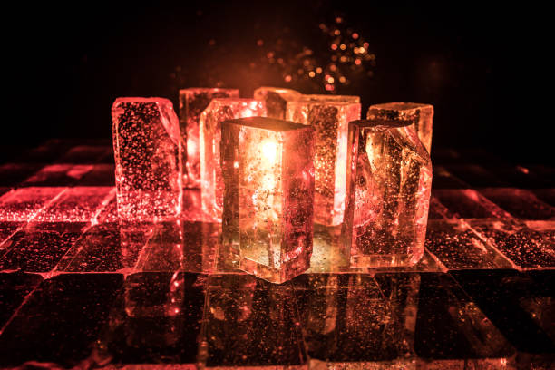 Colorful Glass Bricks Illuminated in Darkness: Vibrant Light Beams and Smoke Effects Creating a Stunning Futuristic Glow