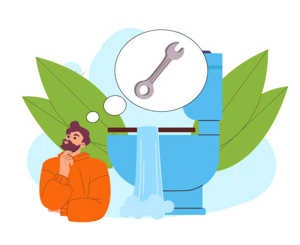illustrations, cliparts, dessins animés et icônes de homme avec des toilettes cassées. un jeune homme pense à une clé à molette près des toilettes qui fuient. réparation, rénovation et résolution de problèmes à la maison. agent d’entretien et bricoleur. illustration vectorielle plate - agent dentretien