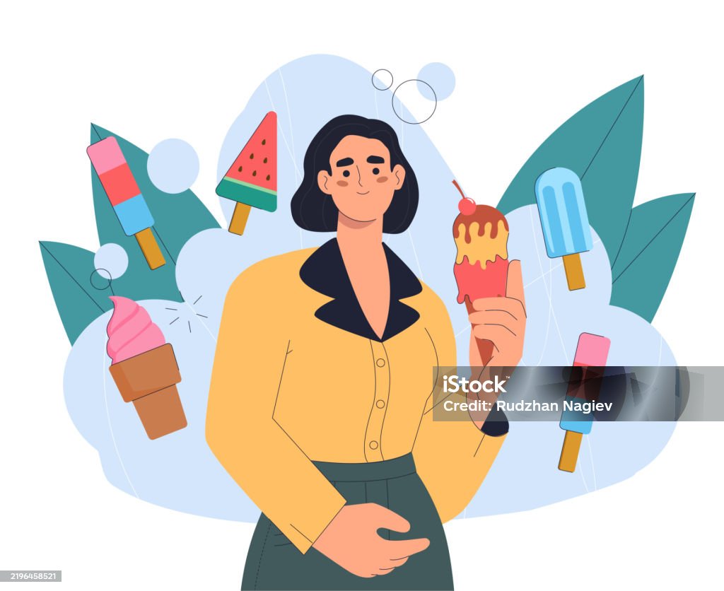 Kobieta z lodami. Młoda dziewczyna z mrożonkami. Deser i przysmak na sezon letni i upały. Rożek waflowy z kulkami gelato. Płaska ilustracja wektorowa - Grafika wektorowa royalty-free (Beztroski) Kobieta z lodami. Młoda dziewczyna z mrożonkami. Deser i przysmak na sezon letni i upały. Rożek waflowy z kulkami gelato. Płaska ilustracja wektorowa - Grafika wektorowa royalty-free (Beztroski)